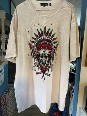Affliction White Short-Sleeve Tee with Red, Green & Black Native Skull Graphic